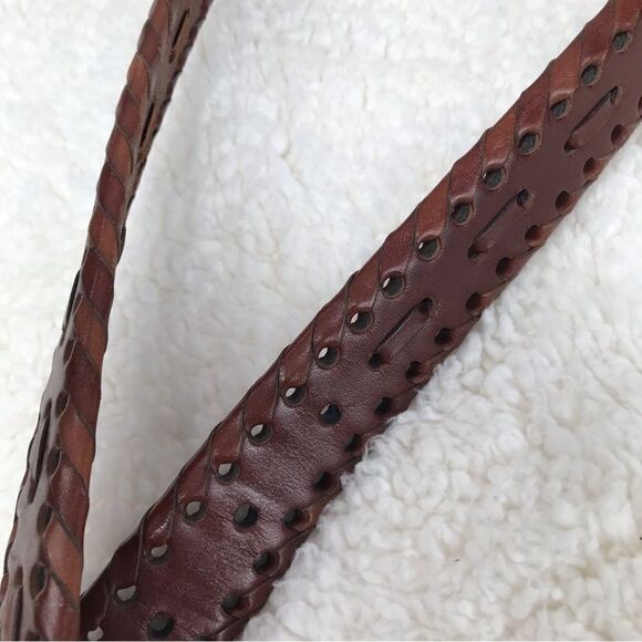 Brown Leather Brass Buckle Perforated Weave Belt - Picture 6 of 9